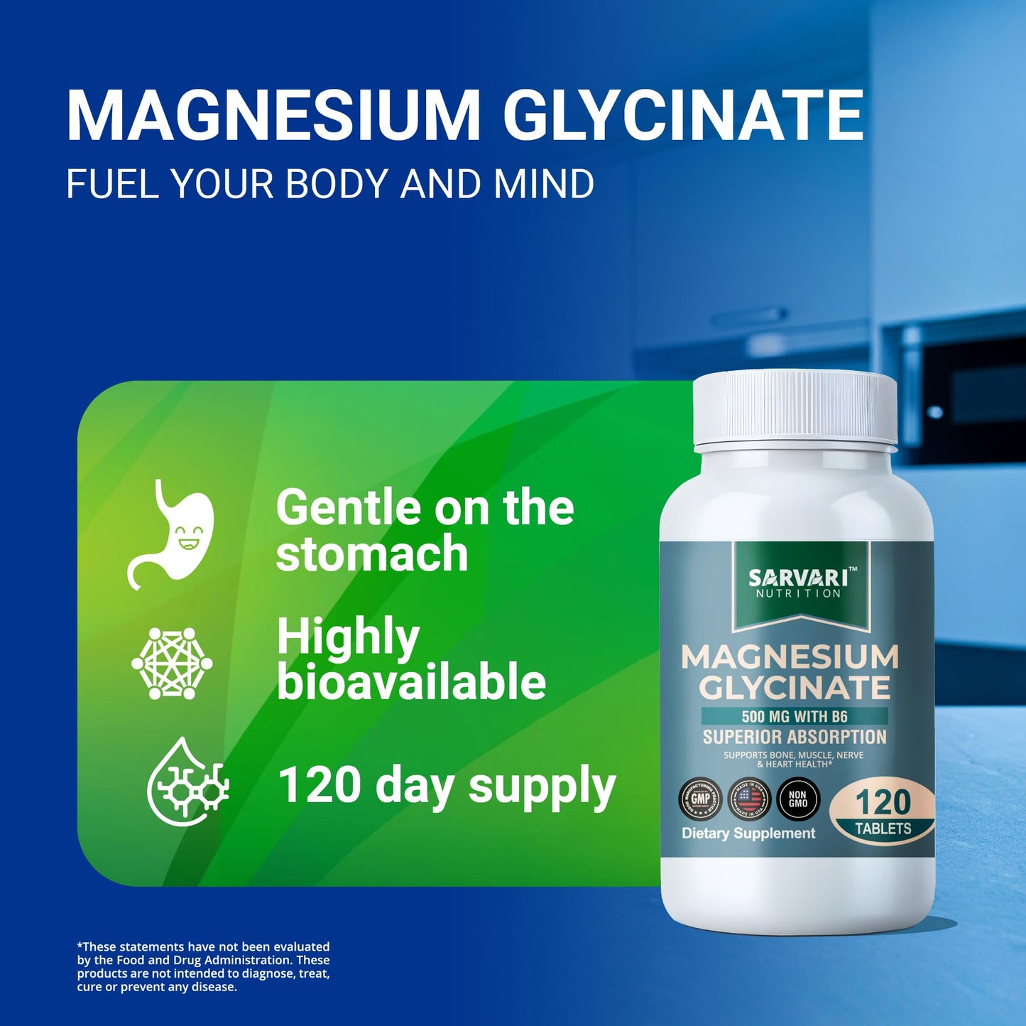 Magnesium Glycinate 500mg with B6 – 120 Vegetarian Tablets | Non-GMO, Gluten Free