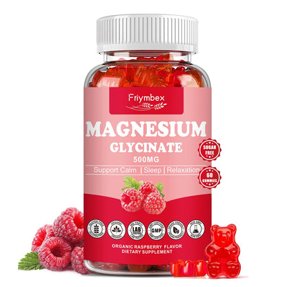 Magnesium Glycinate Gummies 500mg | Relaxation Calm Magnesium Gummies | Sugar-Free | Non-GMO | Gluten-Free | Vegan-Friendly for Adults & Kids (60 Raspberry Gummies)