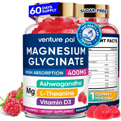 60 Day Supply Magnesium Glycinate Gummies 400mg with Ashwagandha, L-Theanine, CoQ10, Vitamin D3 & B6 – Sugar Free, Vegan & Gluten Free