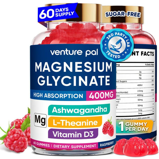 60 Day Supply Magnesium Glycinate Gummies 400mg with Ashwagandha, L-Theanine, CoQ10, Vitamin D3 & B6 – Sugar Free, Vegan & Gluten Free
