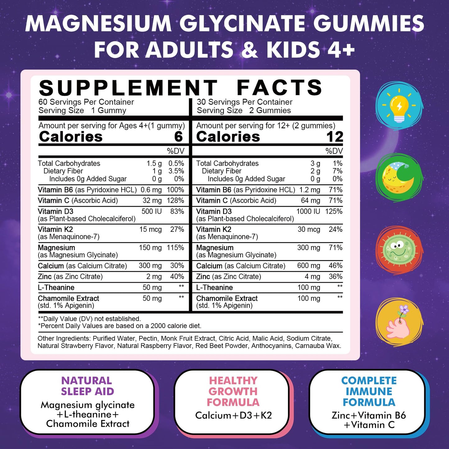 Magnesium Glycinate Gummies 60 Ct – Sleep & Calm Support for Kids 4+ & Adults, Sugar-Free Strawberry Flavor