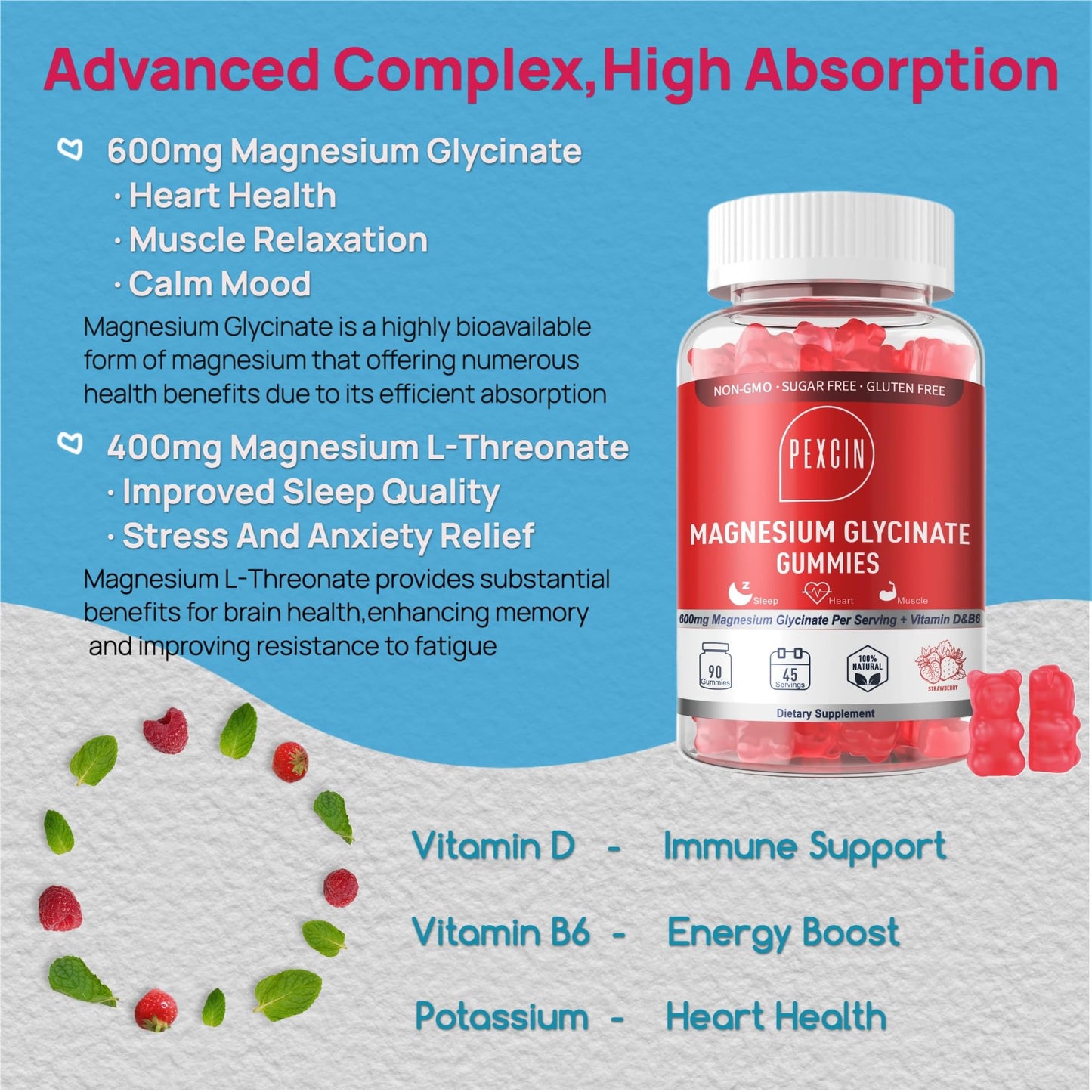 Magnesium Glycinate Gummies for Adults & Kids – 1000mg High Absorption, Sugar Free with Potassium, 90 Counts