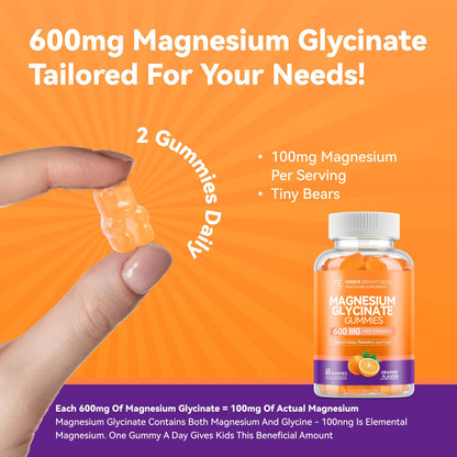 Magnesium Glycinate Gummies 600mg - Non-GMO, Gluten-Free | Orange Flavor, 60 Count