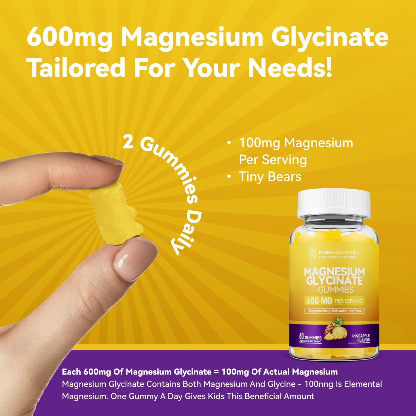 Magnesium Glycinate Gummies 600mg – Non-GMO, Gluten-Free, Pineapple Flavor | 60 Count
