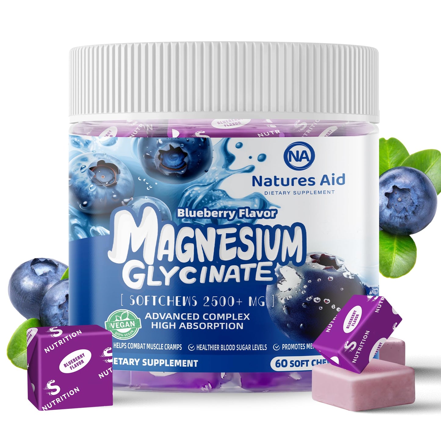 Magnesium Glycinate Soft Chews - Blueberry Flavor, Sugar Free | 60 Day Supply