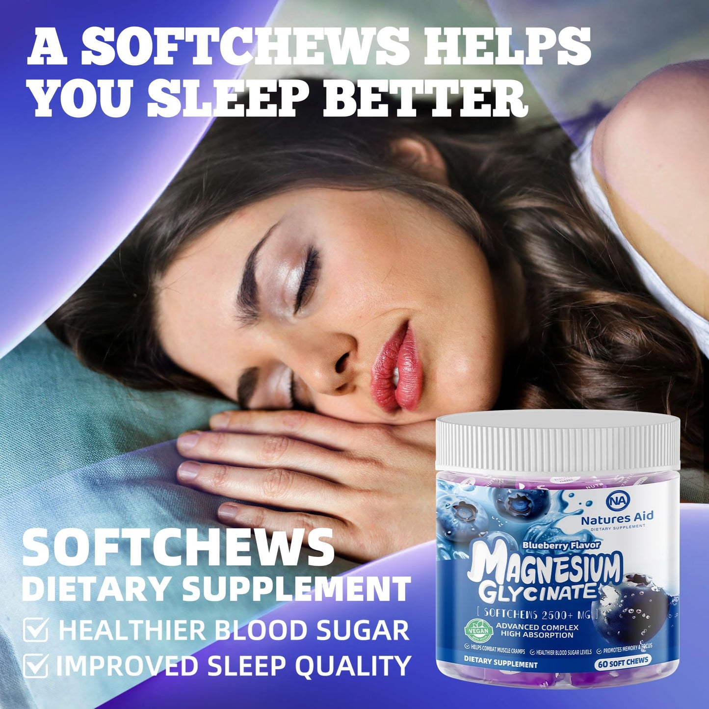 Magnesium Glycinate Soft Chews - Blueberry Flavor, Sugar Free | 60 Day Supply