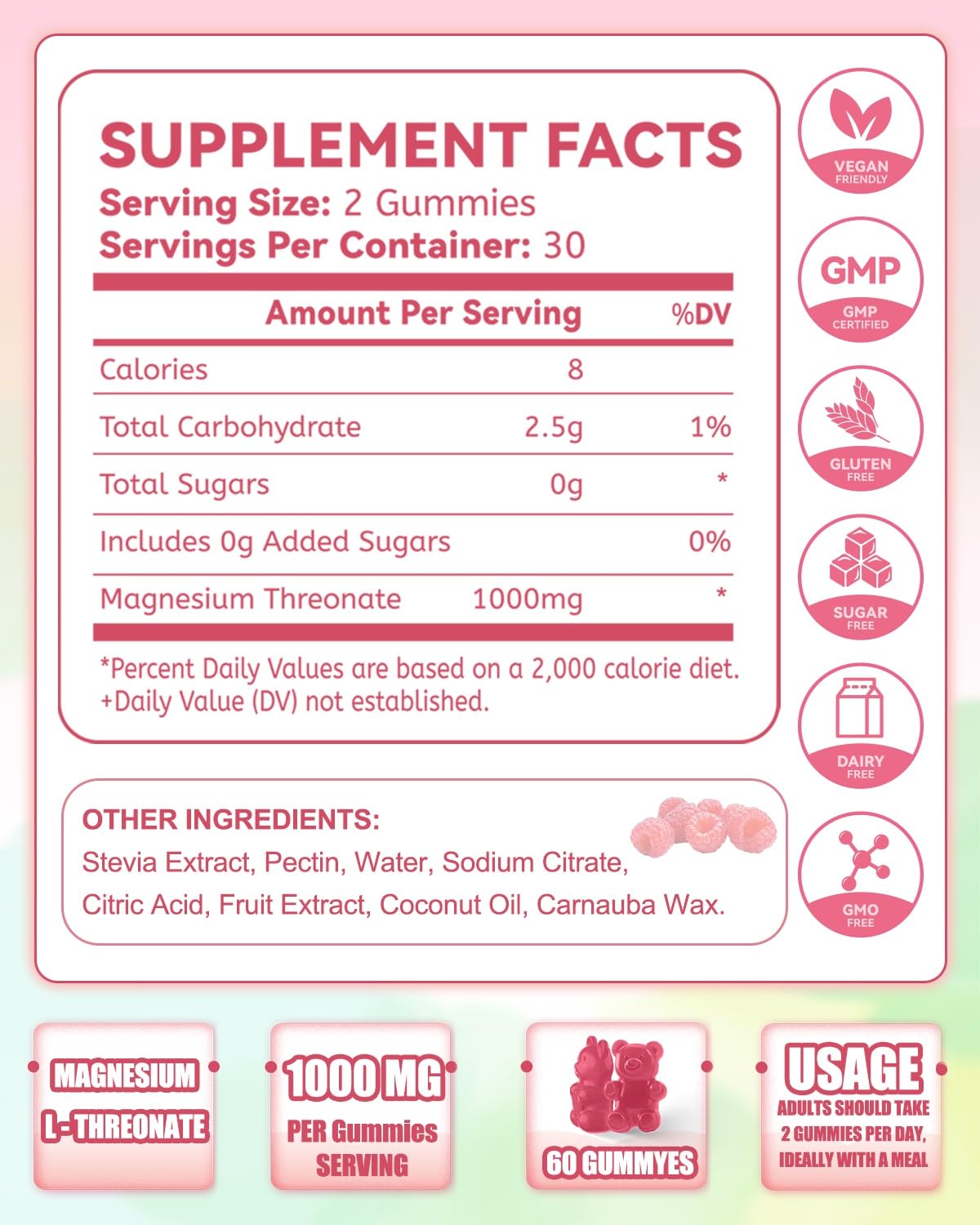 Magnesium L-Threonate Gummies 1000mg – Sugar-Free, Vegan, Raspberry (60 Count)