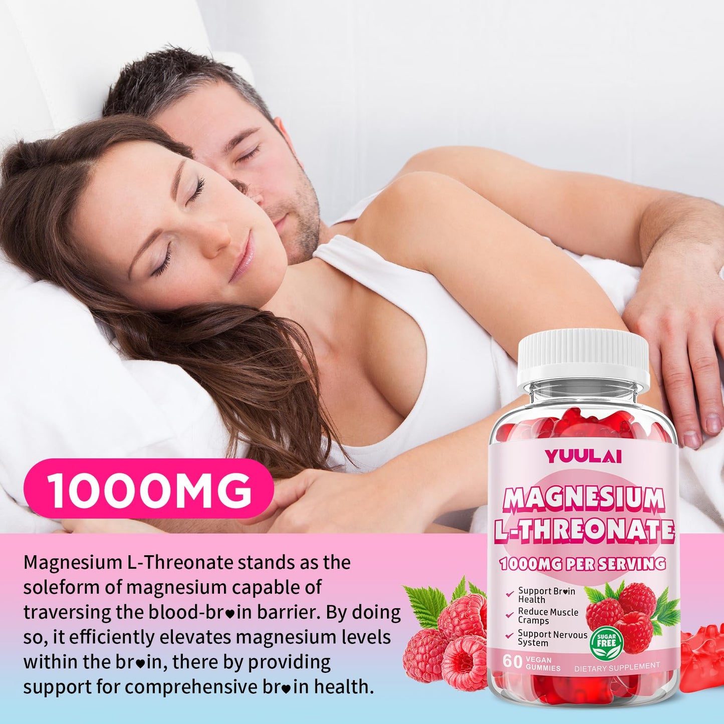 Magnesium L-Threonate Gummies – Sugar-Free 1000mg, Raspberry Flavor, 60 Count for Kids & Adults
