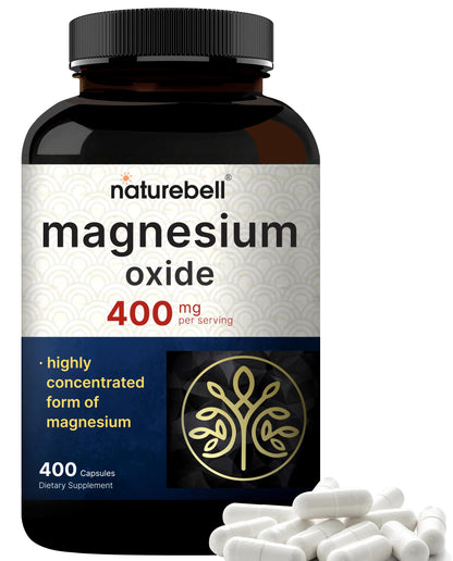 Magnesium Oxide 400mg – 400 Capsules | High Purity Elemental Magnesium | Non-GMO, Gluten Free