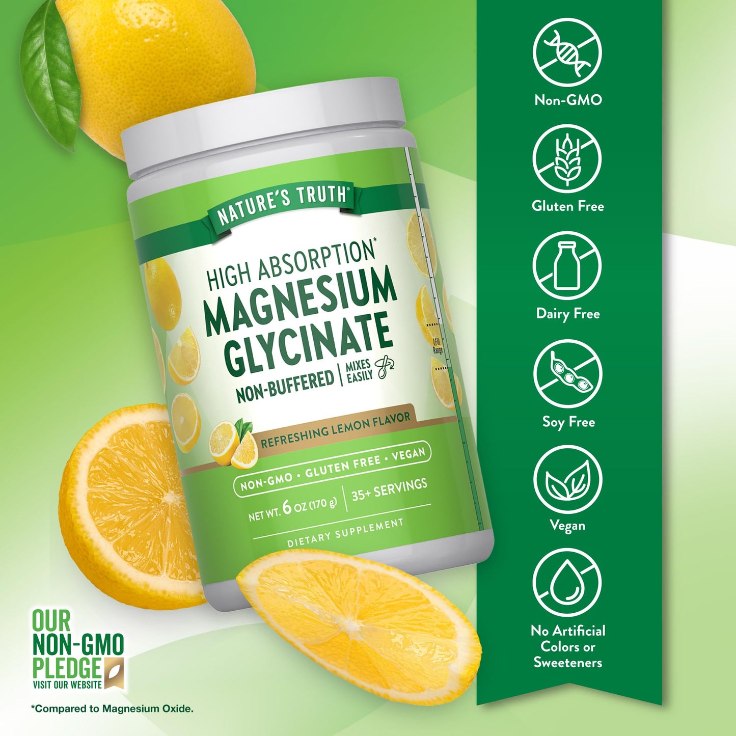 Nature's Truth Magnesium Glycinate Powder 6 oz – Lemon Flavor | High Absorption, Vegan, Non-GMO, Gluten Free