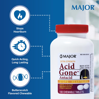 MAJOR Acid Gone Extra Strength Antacid Chewable Tablets | Heartburn & Indigestion Relief for Adults (100 Count)
