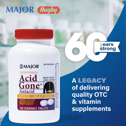 MAJOR Acid Gone Extra Strength Antacid Chewable Tablets | Heartburn & Indigestion Relief for Adults (100 Count)