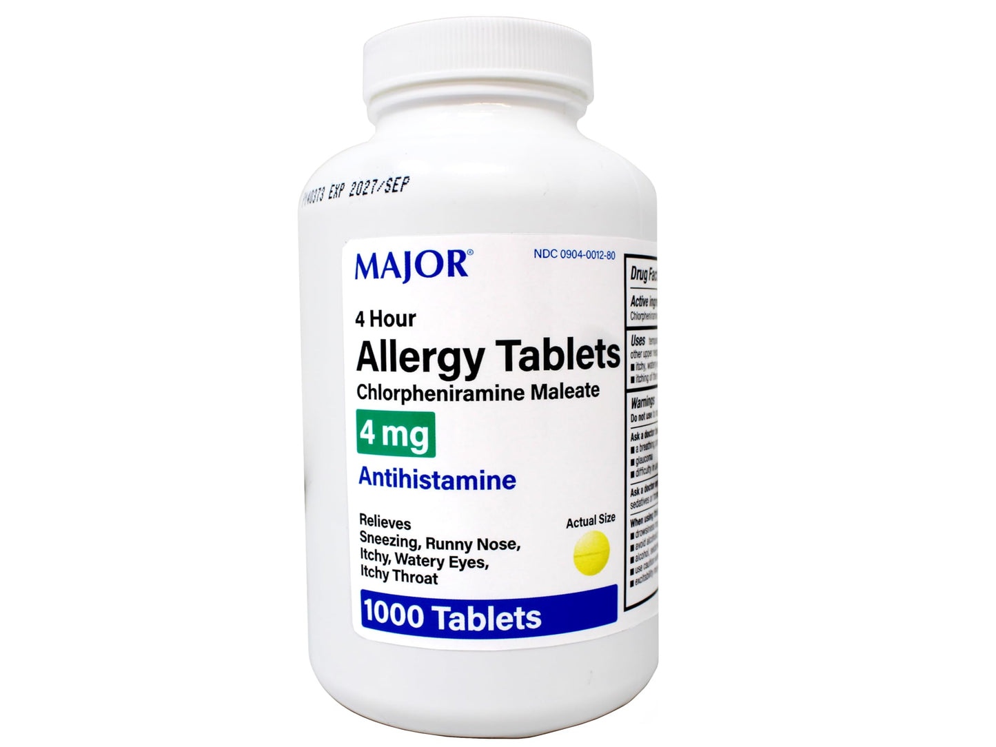 Major Allergy Tablets – Chlorpheniramine Maleate 4 mg, 4-Hour Allergy Relief, 1000 Tablets