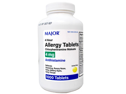 Major Allergy Tablets – Chlorpheniramine Maleate 4 mg, 4-Hour Allergy Relief, 1000 Tablets