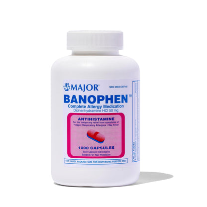 MAJOR Banophen Diphenhydramine HCl 50 mg Capsules – Temporary Allergy Relief (1000 Count)