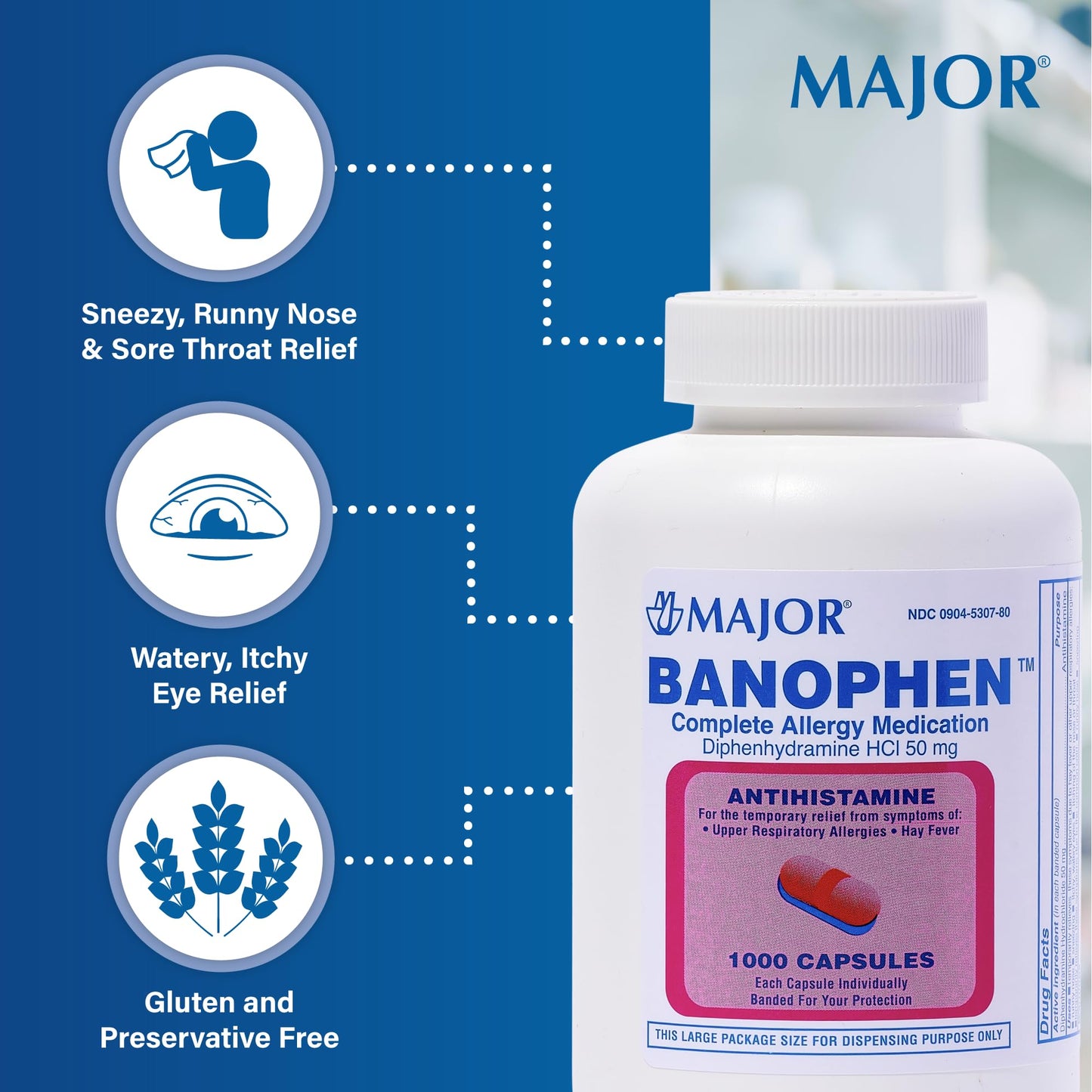 MAJOR Banophen Diphenhydramine HCl 50 mg Capsules – Temporary Allergy Relief (1000 Count)