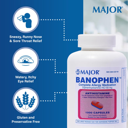 MAJOR Banophen Diphenhydramine HCl 50 mg Capsules – Temporary Allergy Relief (1000 Count)