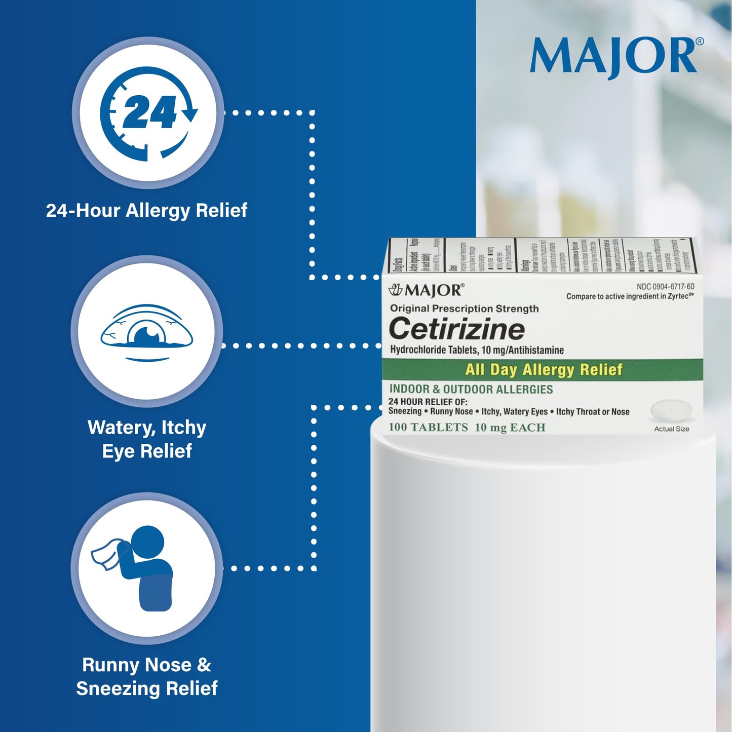 MAJOR Cetirizine Hydrochloride Tablets - 24-Hour Allergy Relief, 10 mg, 3-Pack (100 Count Each)