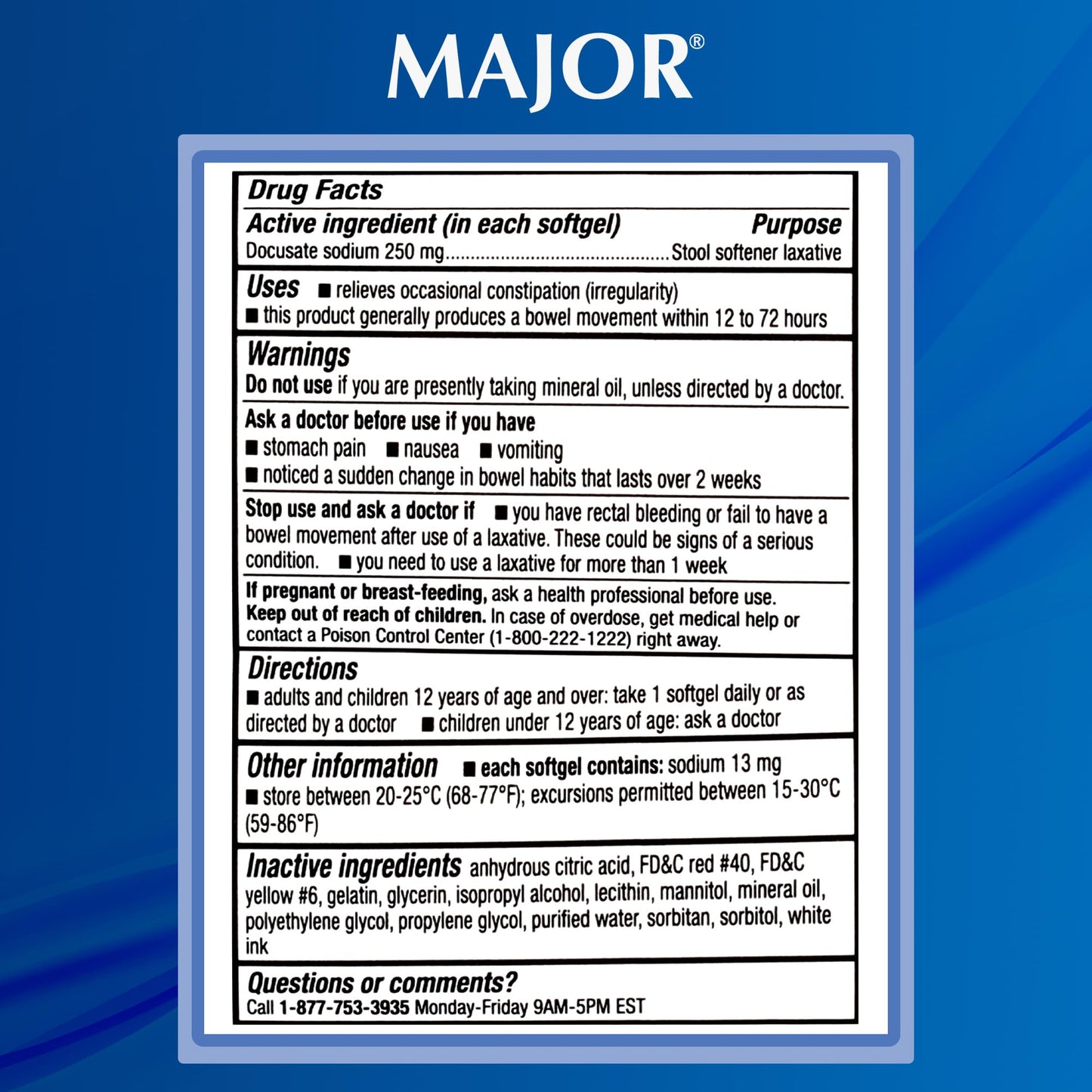 MAJOR Docusate Sodium 250 mg Extra Strength Stool Softener – 100 Softgels (4 Pack)