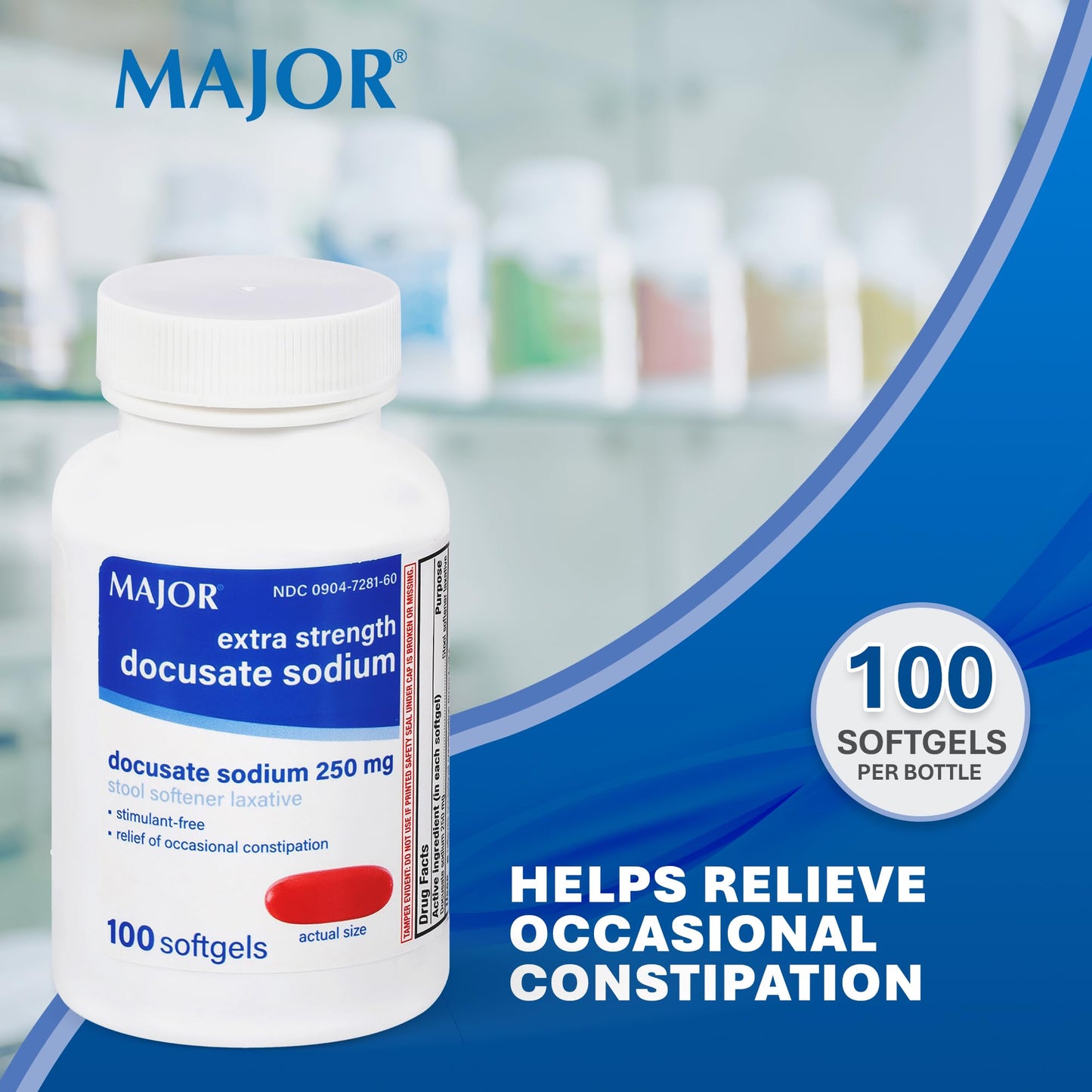 MAJOR Docusate Sodium 250 mg Extra Strength Stool Softener – 100 Softgels (4 Pack)