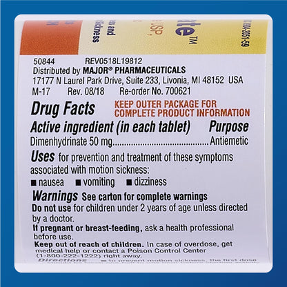 MAJOR Driminate - 50mg Dimenhydrinate Motion Sickness Tablets, 100 Count (3 Pack)