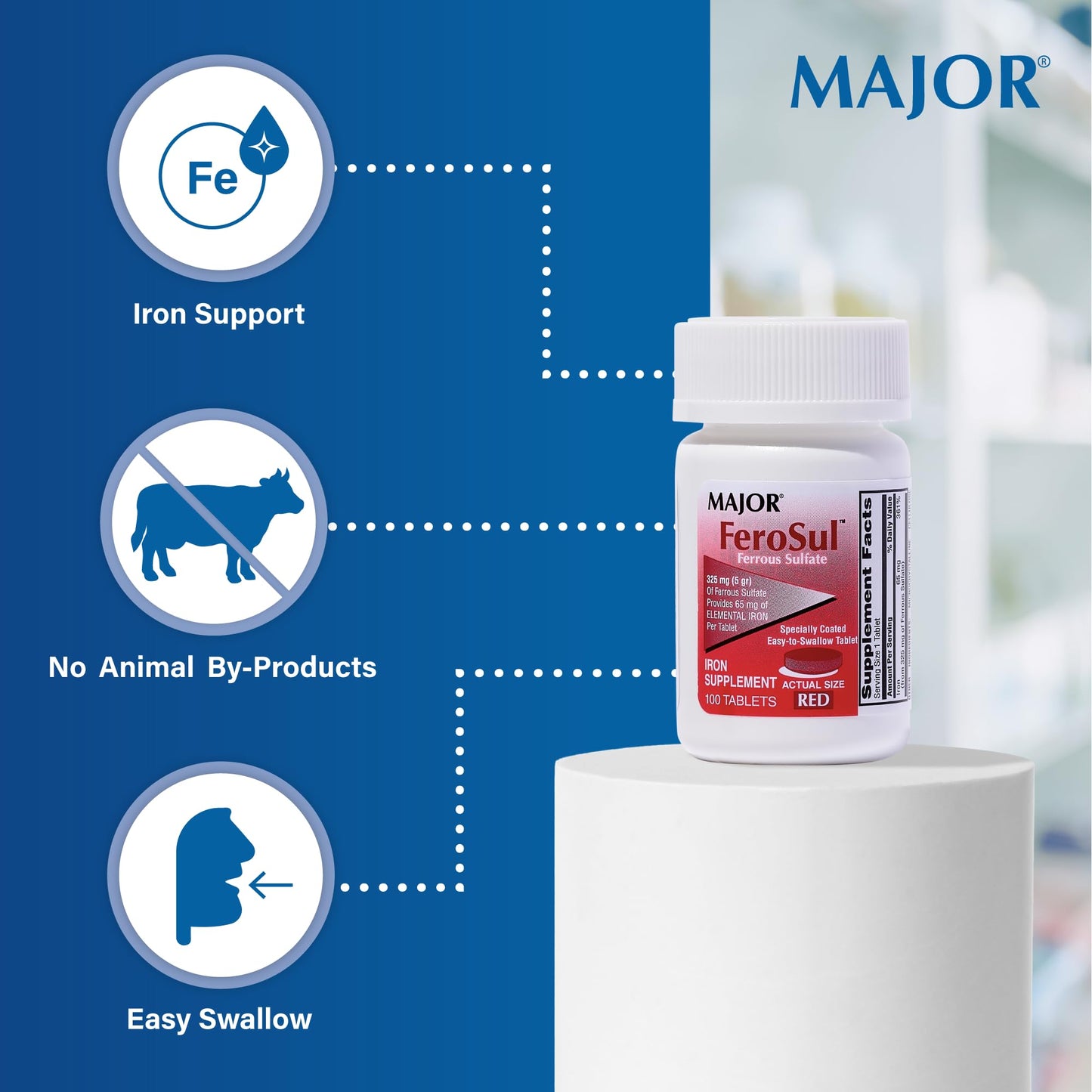 Major Ferosul Ferrous Sulfate 325mg - 65mg Elemental Iron | Iron Supplement (Red) 100 Count