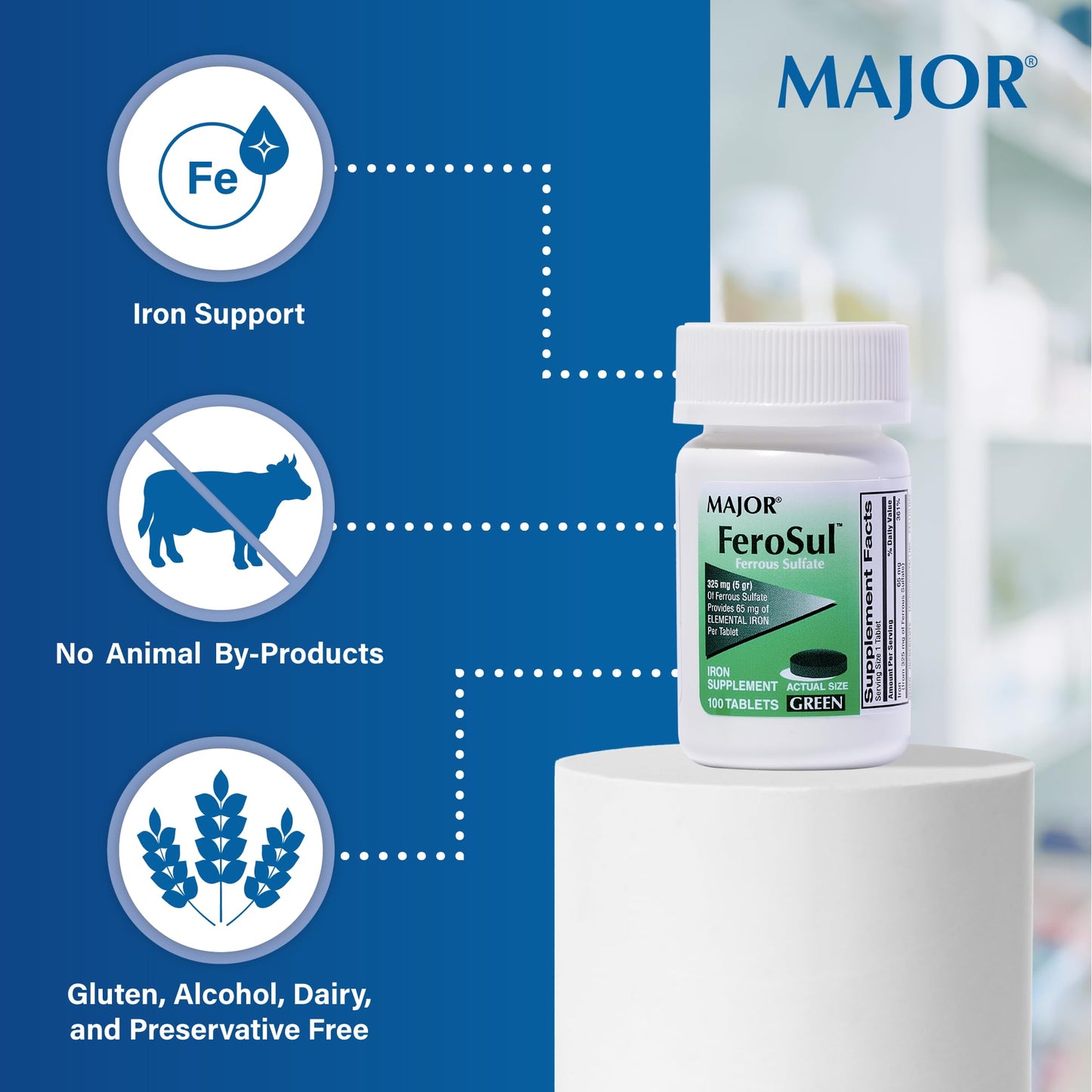 Major Ferosul Ferrous Sulfate 325mg - 65mg Elemental Iron | Iron Supplement for Women & Men - Green 100 Tablets (3 Pack)