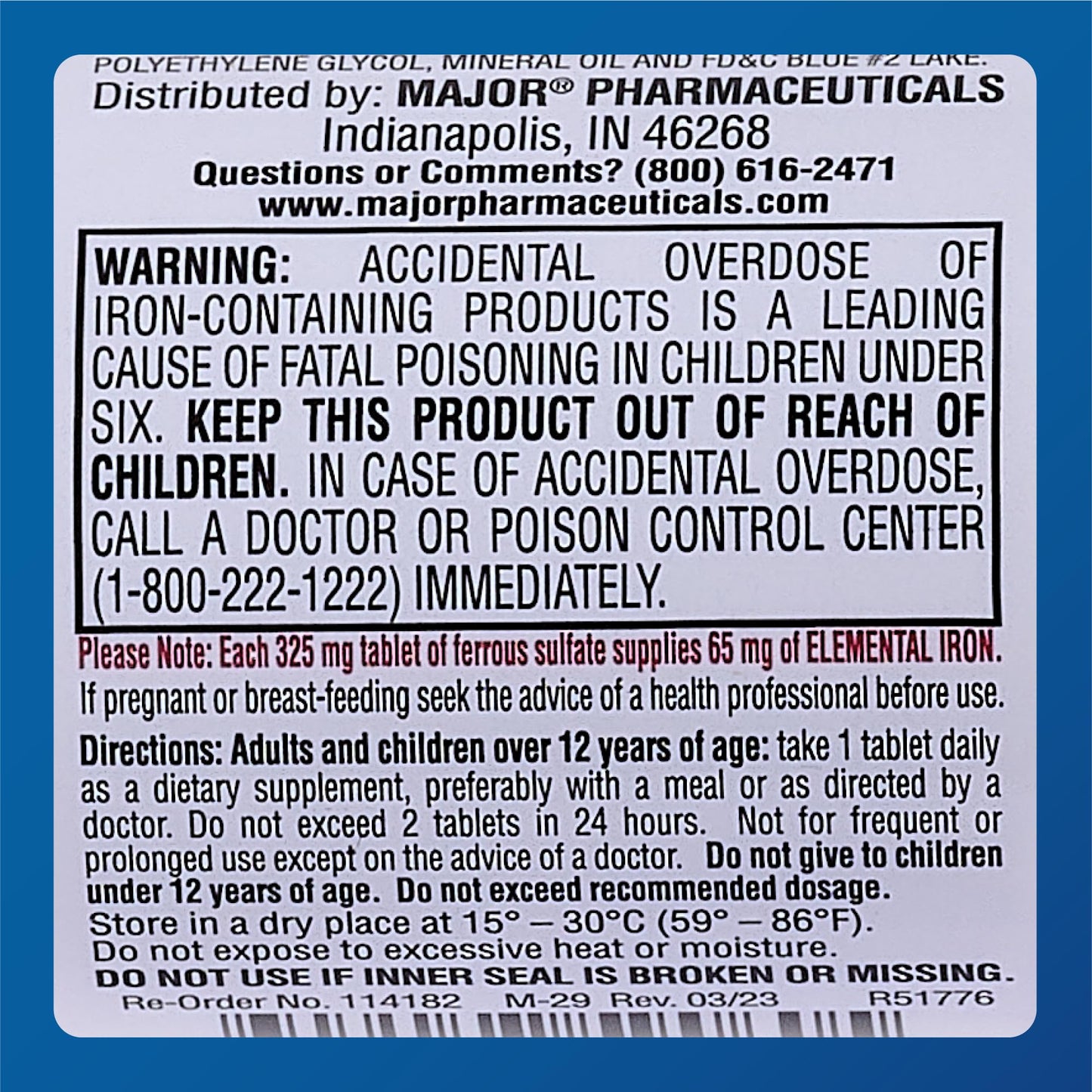 Major Ferosul Ferrous Sulfate 325mg - 65mg Elemental Iron | Iron Supplement (Red) 100 Count