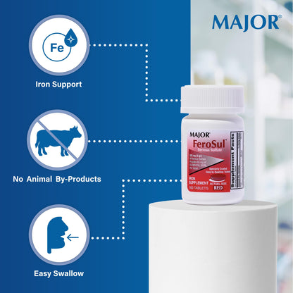 MAJOR Ferosul Ferrous Sulate 325mg Tablets – 65mg Elemental Iron | Iron Supplement (3 Pack, Red)