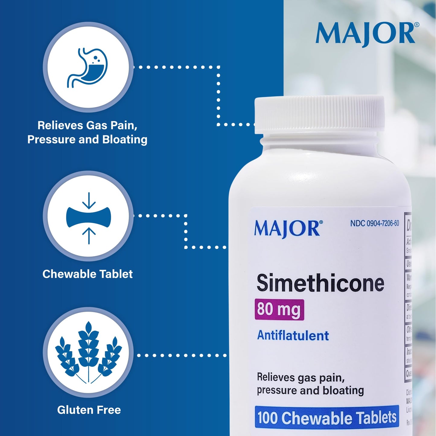MAJOR Simethicone Gas Relief 80 mg — Anti-Gas, Bloating & Gas Pressure | 100 Chewables (4 Pack)