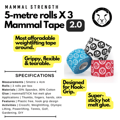Mammal Tape 5-Metre Rolls - Thumb & Weightlifting Tape (3-Pack / Black / 2.0 Spec)