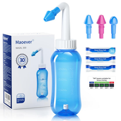 MAOEVER Neti Pot 300ml Sinus Rinse Bottle with 30 Saline Packets - BPA-Free, Anti-Backflow