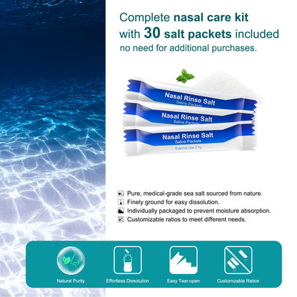 MAOEVER Neti Pot Sinus Rinse Bottle – BPA-Free 300 ml, 30 Salt Packets, Thermometer