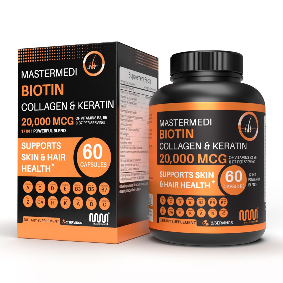 Mastermedi Biotin 20,000mcg with Collagen & Hyaluronic Acid – Hair, Skin & Nails (60 Capsules, 2-Month Supply)