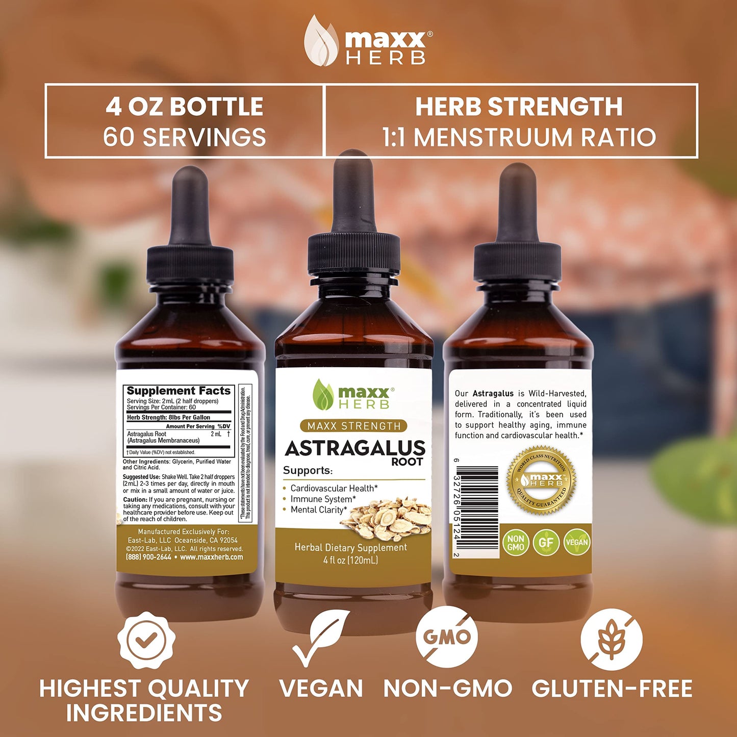 Maxx Herb Astragalus Root Extract – Max Strength Liquid Tincture for Immune Support & Mental Clarity – 4 Bottles, 4 Oz Each (240 Servings)