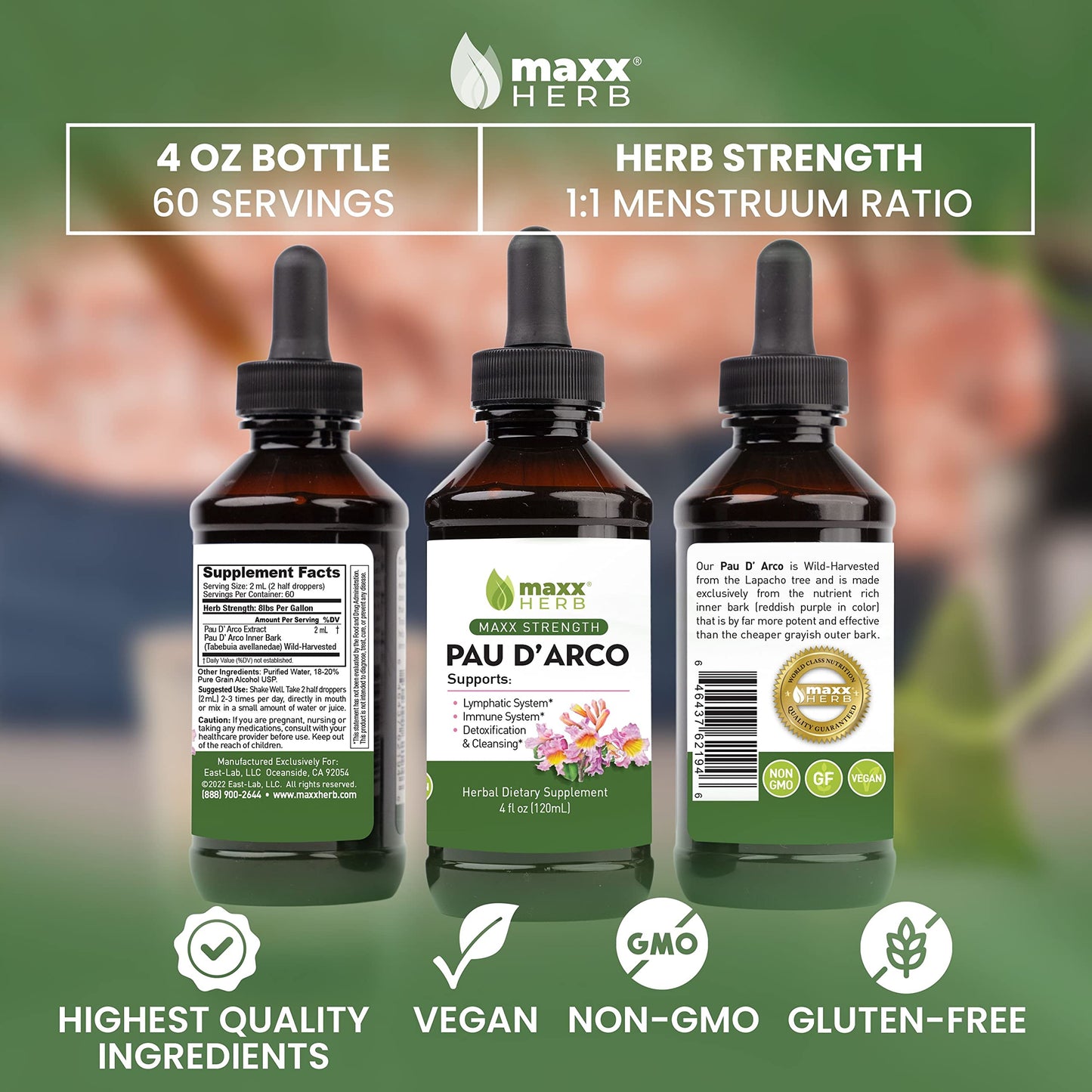 Maxx Herb PAU D'Arco Tincture - Max Strength Pau D'Arco Extract, 4 Bottles (240 Servings)