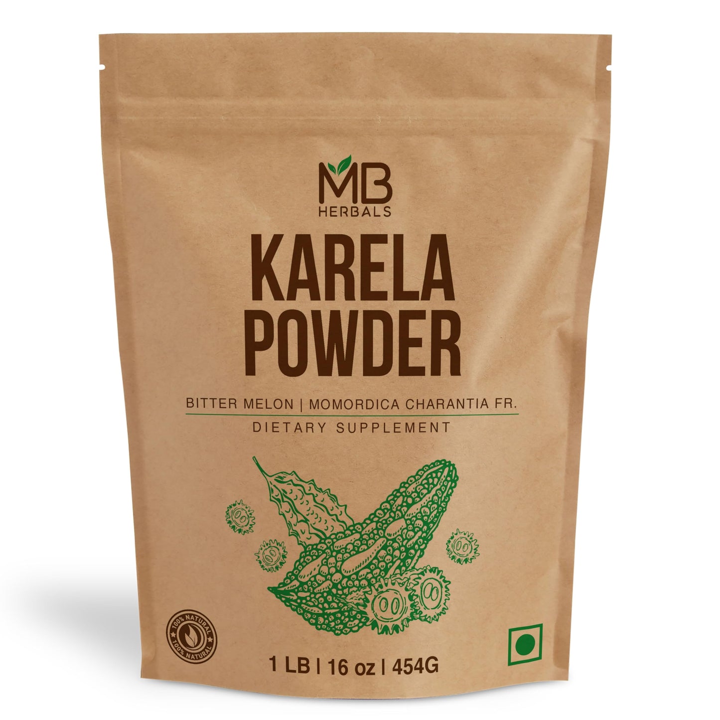 MB Herbals De-Seeded Karela Powder 454g (1 lb, 16 oz) - 100% Pure Bitter Melon, Non-GMO, Gluten Free
