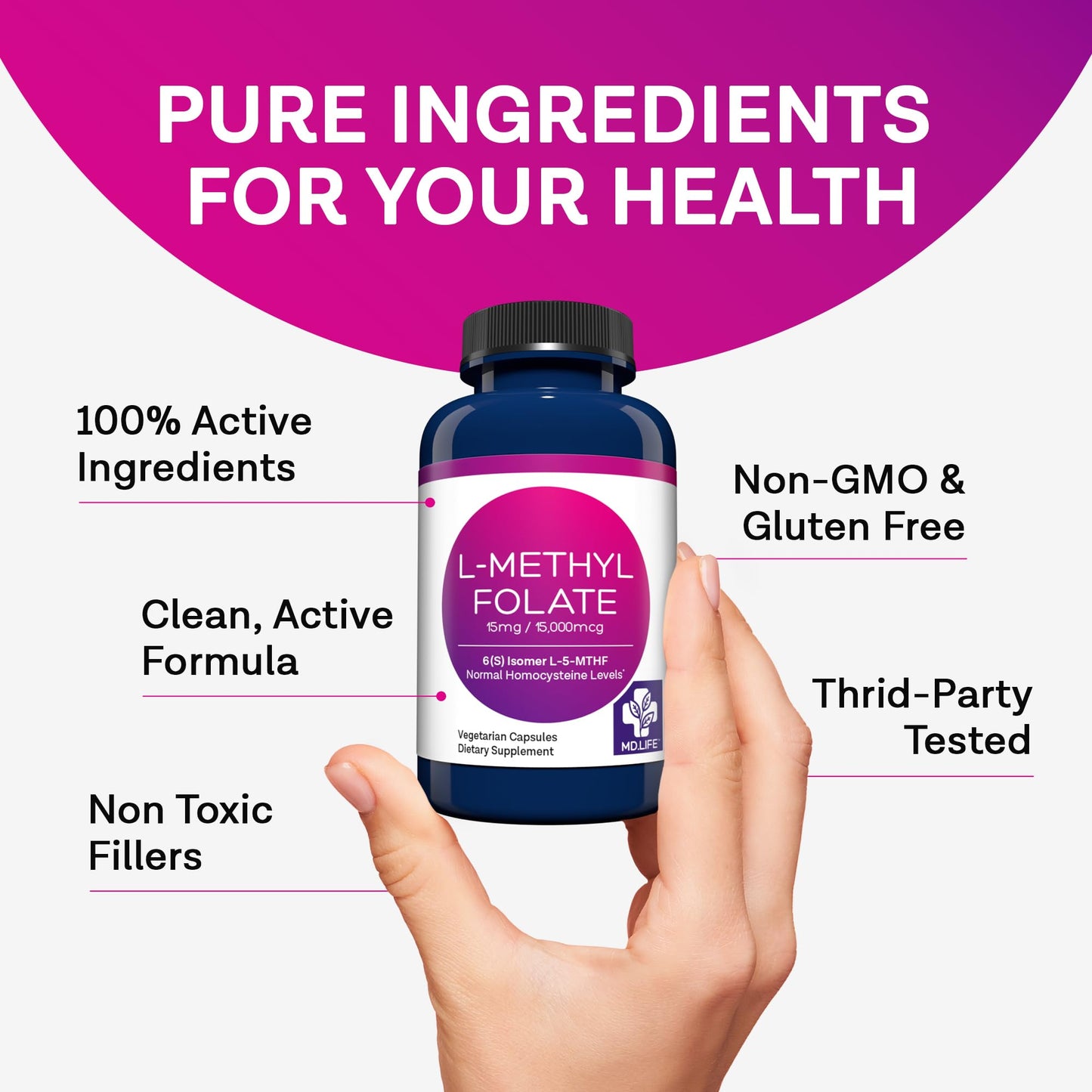 MD.LIFE L-Methylfolate 15mg – 120 Vegan Caps | Maximum Potency MTHFR Support