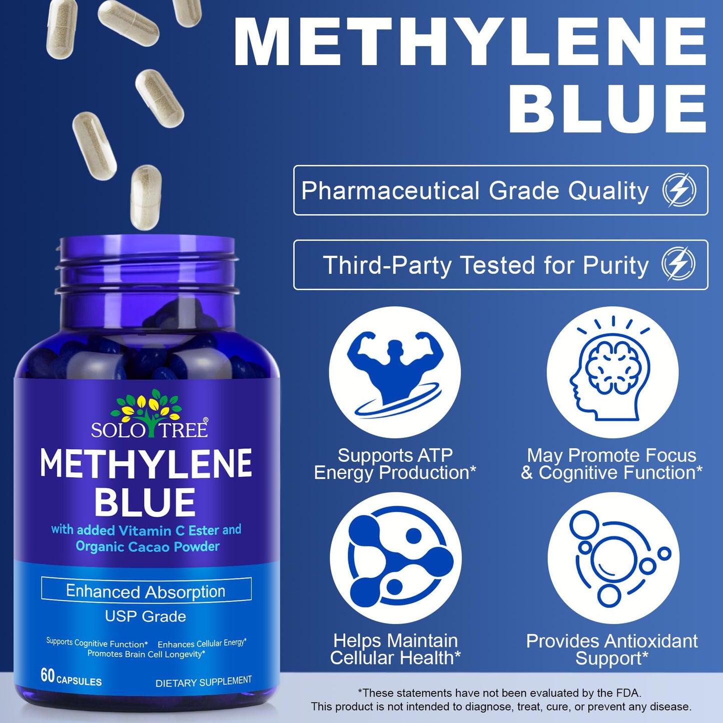 Methylene Blue Pharmaceutical Grade Supplement - 60 Capsules | Cognitive Support