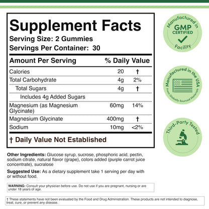 Magnesium Glycinate Gummies 400mg per Serving (60mg Elemental Mg) - 30 Day Supply, Grape Flavor | Double Wood Supplements