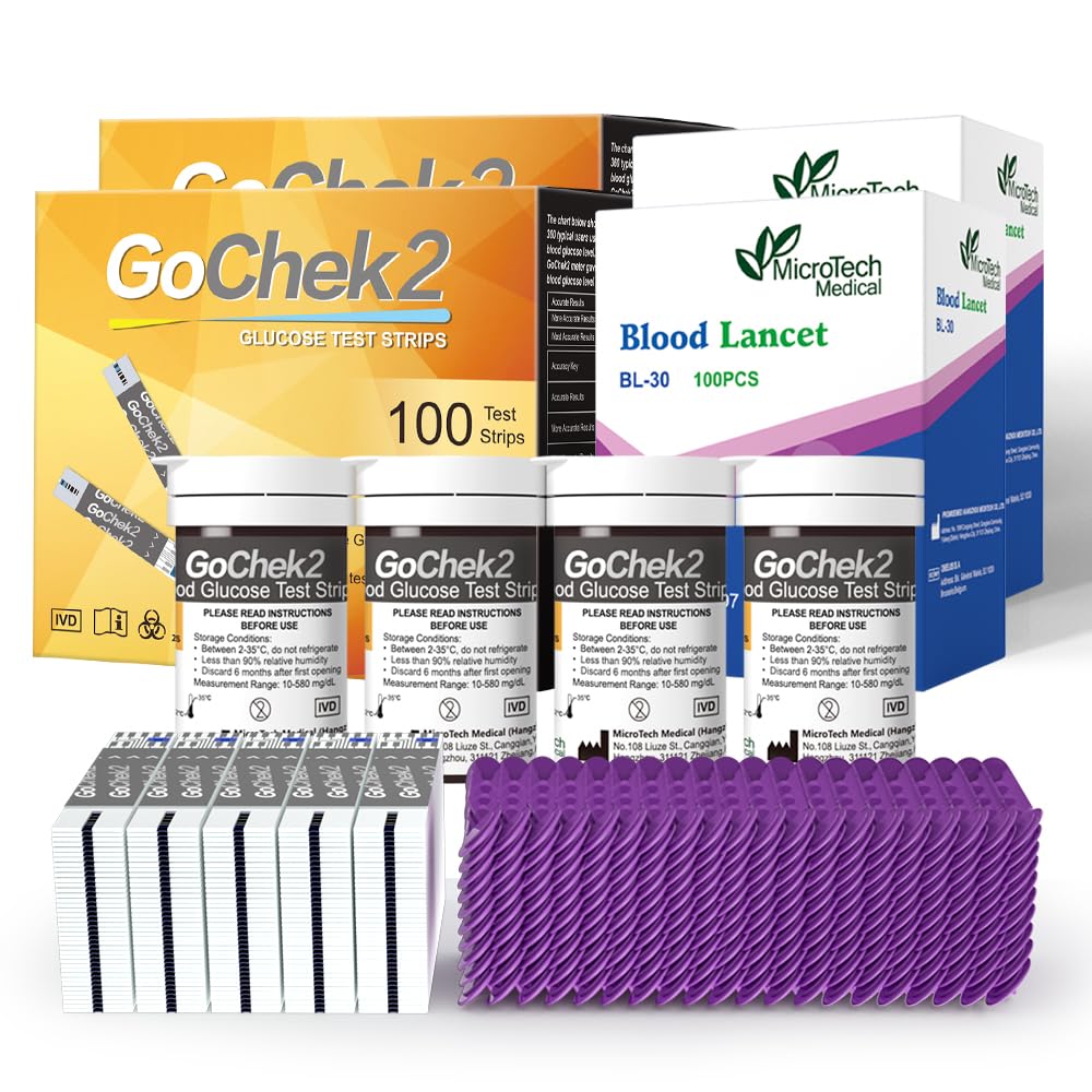 شرائط اختبار جلوكوز الدم ومباضع مايكروتك لأجهزة GoCheck2 – 200 قطعة، صالحة للاستخدام لمدة 180 يومًا بعد الفتح