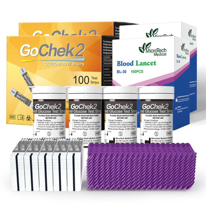 شرائط اختبار جلوكوز الدم ومباضع مايكروتك لأجهزة GoCheck2 – 200 قطعة، صالحة للاستخدام لمدة 180 يومًا بعد الفتح