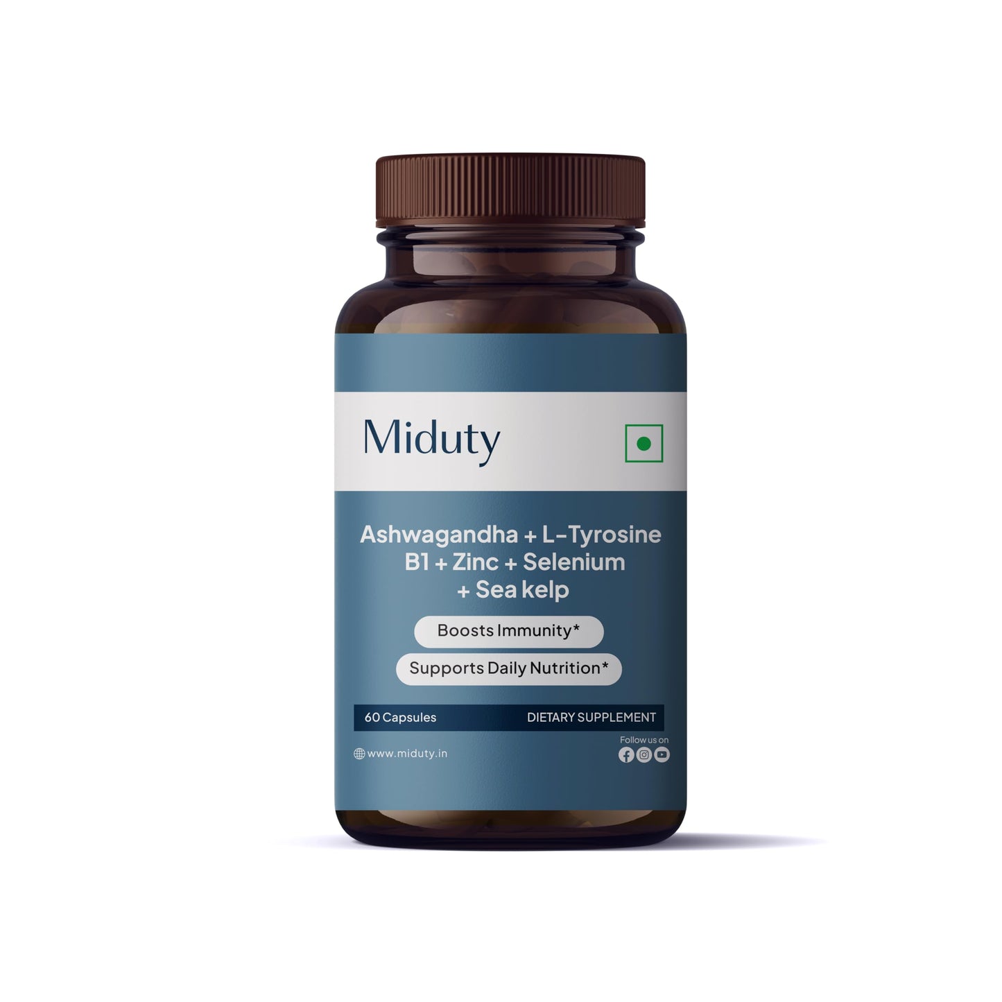 Miduty KSM-66 Ashwagandha + Organic Sea Kelp - L-Tyrosine, Iodine - 60 Capsules