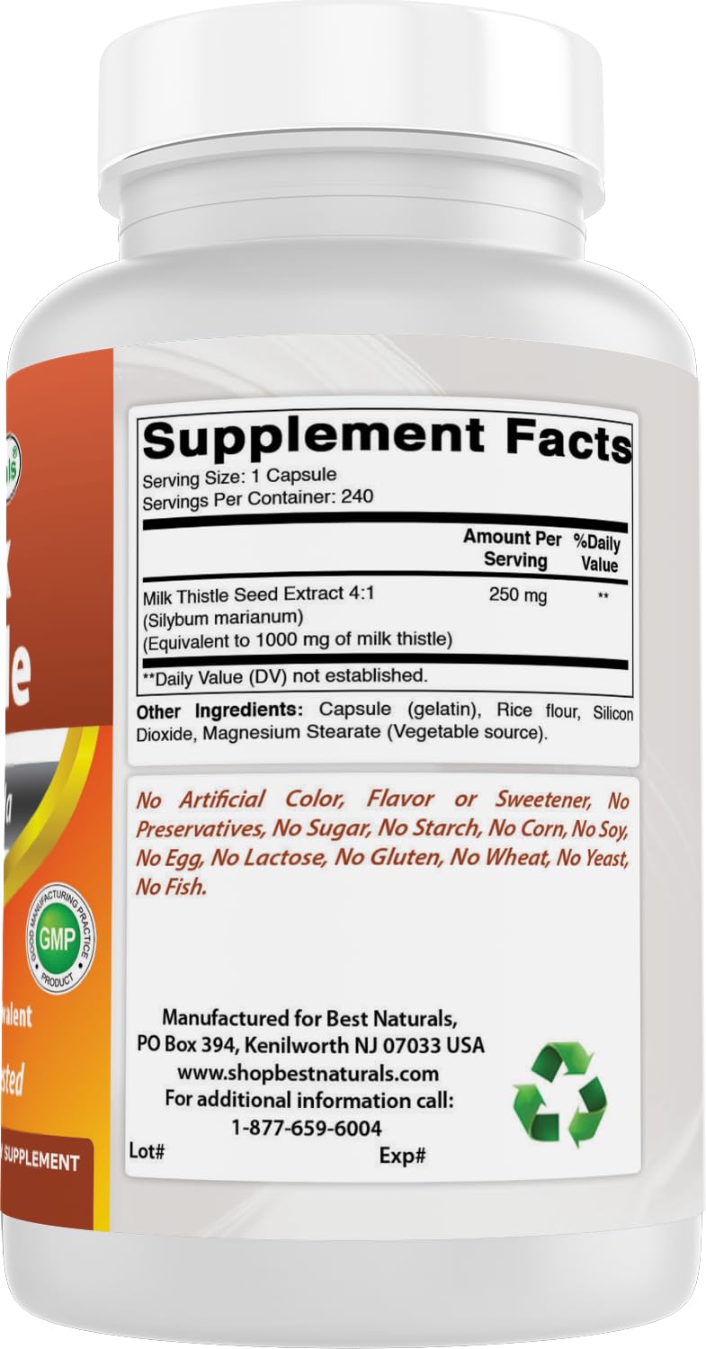 Best Naturals Milk Thistle Extract 1000mg - 240 Capsules | Non-GMO Gluten Free