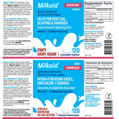 Milkaid Lactase Chewables – Lactose Intolerance Relief | Fast Acting Dairy Digestive Supplement (120 Tablets, Raspberry)