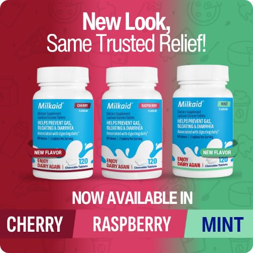 Milkaid Lactase Enzyme Chewable Tablets – Cherry, 120 Tablets | Lactose Intolerance Relief