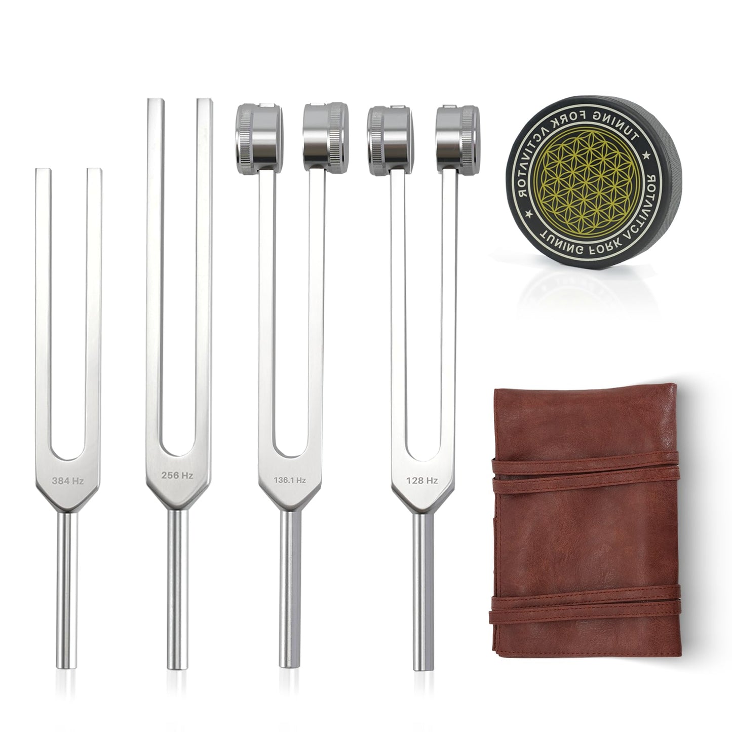 mllusxg Tuning Forks for Healing Set – 128Hz, 136Hz, 256Hz, 384Hz + Activator (Red Pouch)