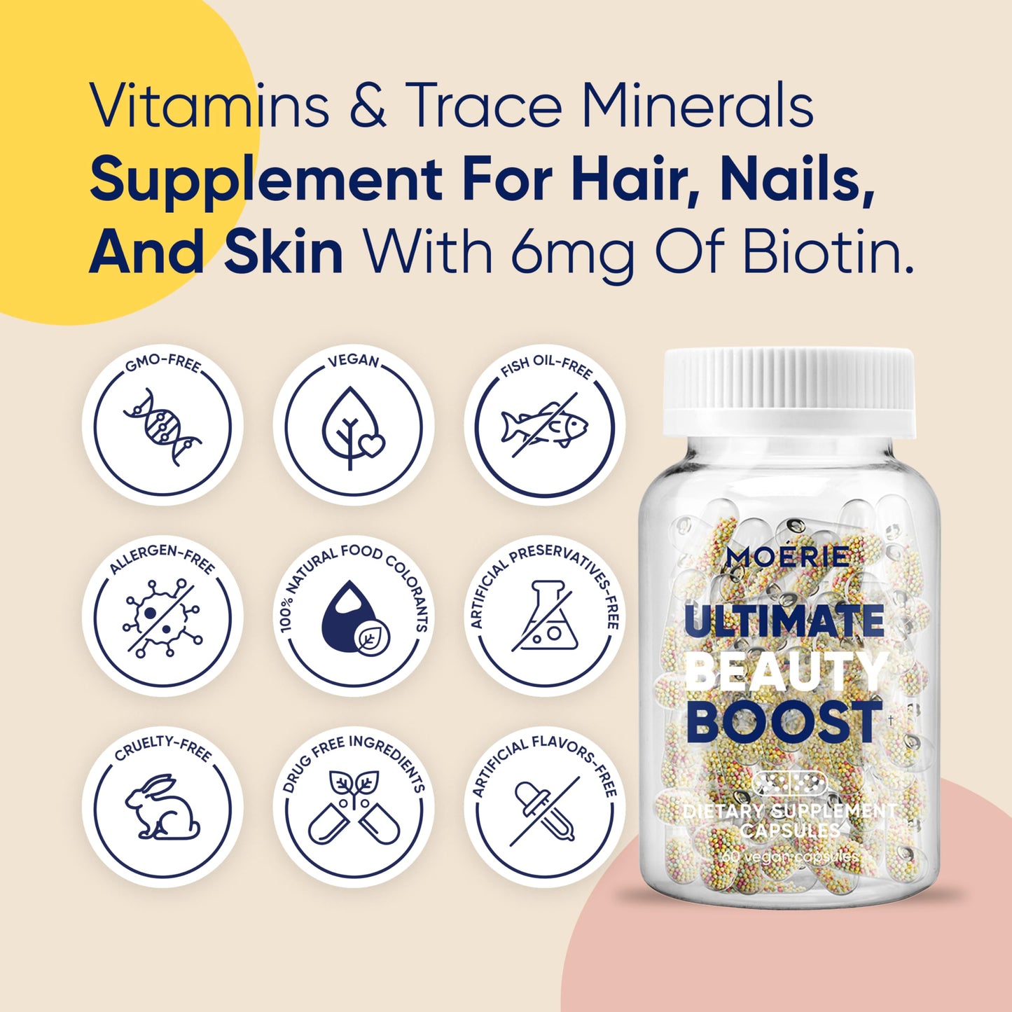 Moerie Hair Growth Supplement for Women & Men – Biotin, Q10 & Minerals for Thicker Hair (180 Beadlet Capsules)