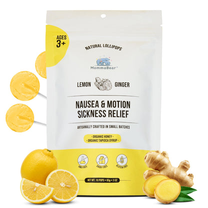 MommaBear Nausea & Motion Sickness Lollipops – Non-GMO Lemon & Ginger (10 Pack) for Kids 3+ & Pregnant Women