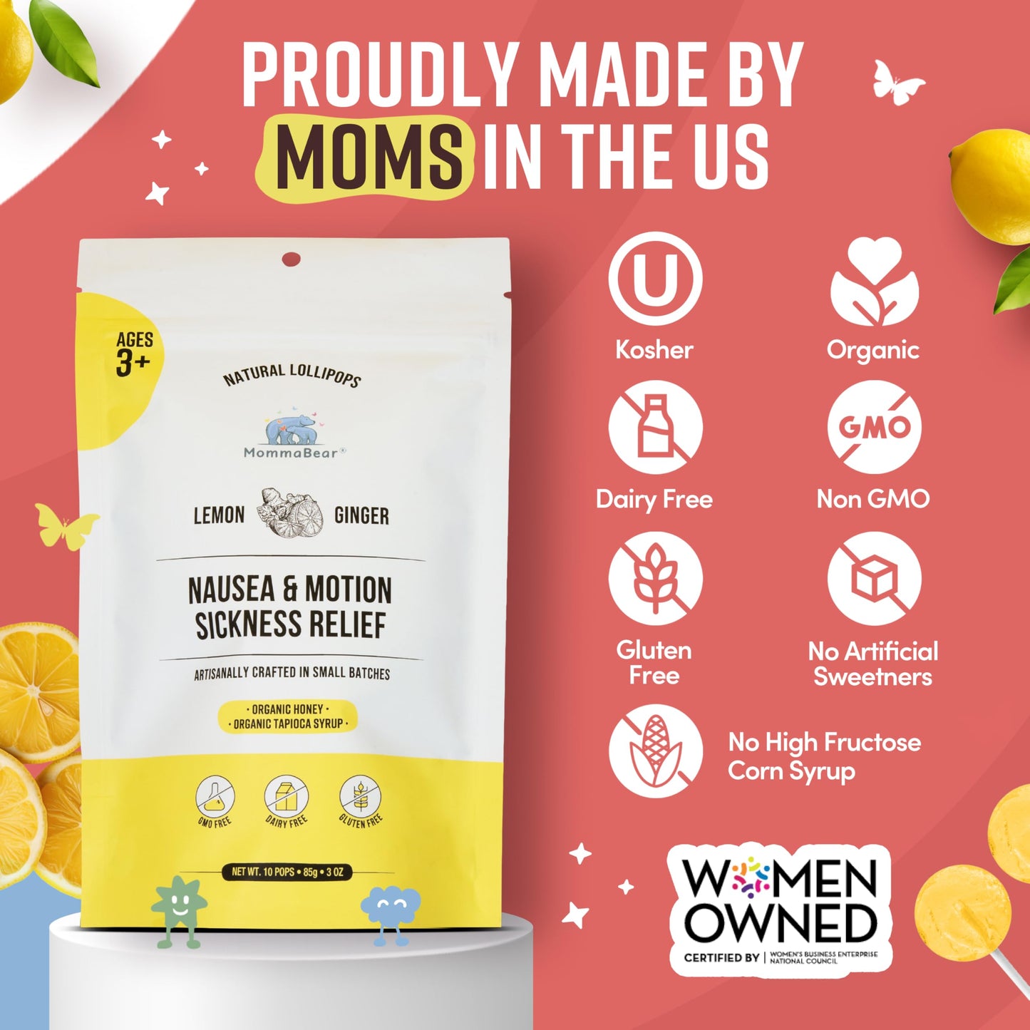 MommaBear Nausea & Motion Sickness Lollipops – Non-GMO Lemon & Ginger (10 Pack) for Kids 3+ & Pregnant Women